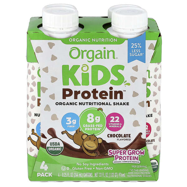 Orgain, Kids Protein™, Organic Nutritional Shake, Chocolate, 4 Pack, 8.25 fl oz (244 ml) Each