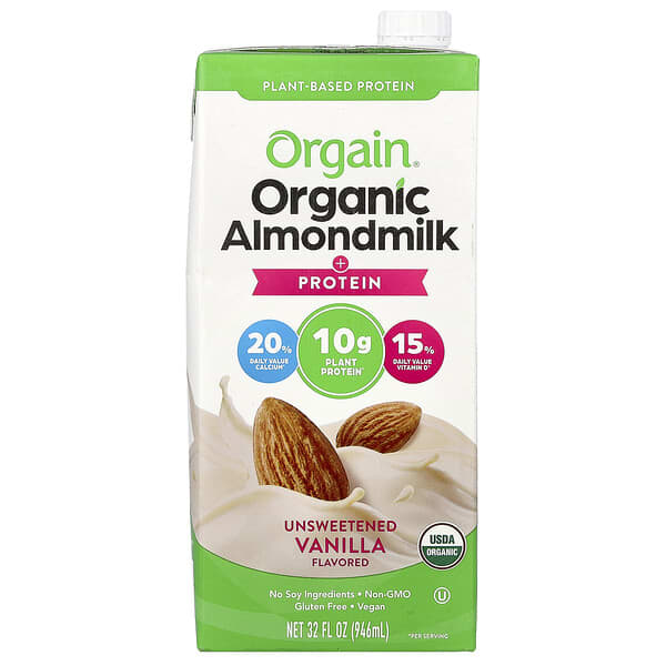 Orgain, Organic Almondmilk  + Protein, Plant-Based, Unsweetened Vanilla, 32 fl oz (946 ml)