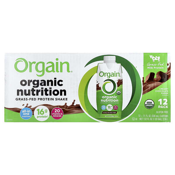 Orgain, Organic Nutrition, Grass-Fed Protein Shake, Creamy Chocolate Fudge, 12 Cartons, 11 fl oz (330 ml) Each