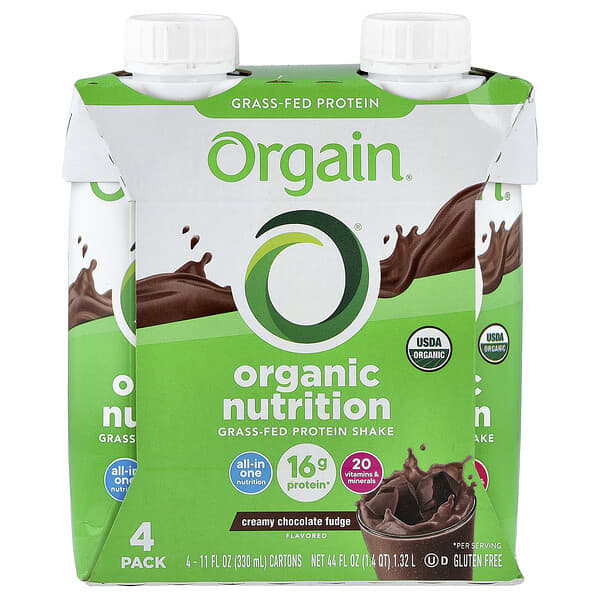 Orgain, Organic Nutrition, Grass-Fed Protein Shake, Creamy Chocolate Fudge, 4 Pack, 11 fl oz (330 ml) Each 4 Orgain, Organic Nutrition, Grass-Fed Protein Shake, Creamy Chocolate Fudge, 4 Pack, 11 fl oz (330 ml) Each