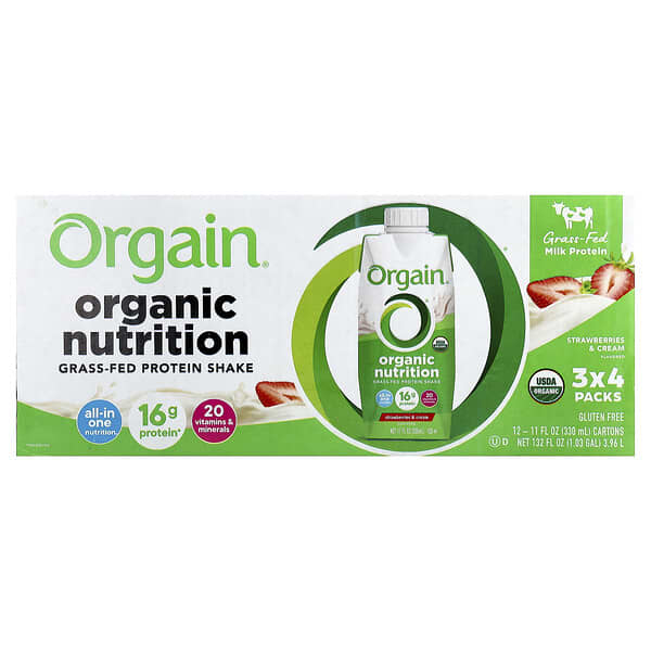 Orgain, Organic Nutrition, Grass-Fed Protein Shake, Strawberries & Cream, 12 Cartons, 11 fl oz (330 ml) Each