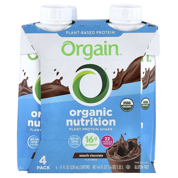 Orgain, Organic Nutrition, Plant Protein Shake, Smooth Chocolate, 4 Pack, 11 fl oz (330 ml) Each