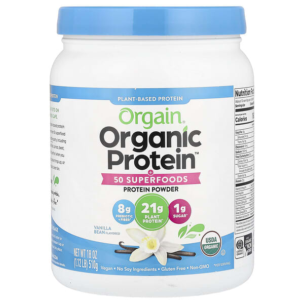 Orgain, Organic Protein™ Powder + 50 Superfoods, Plant-Based, Vanilla Bean, 1.12 lb (510 g)
