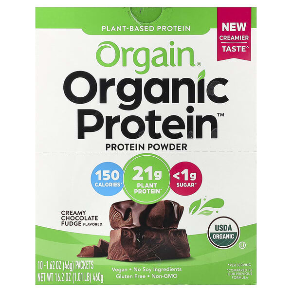 Orgain, Organic Protein™ Powder, Plant-Based, Creamy Chocolate Fudge, 10 Packets, 1.62 oz (46 g) Each