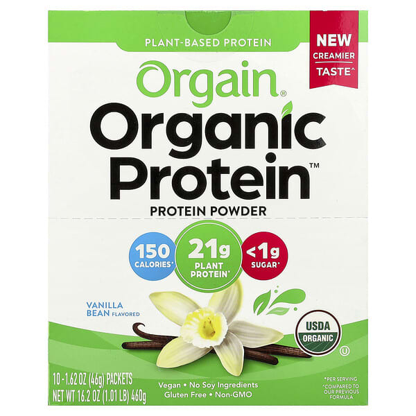 Orgain, Organic Protein™ Powder, Plant-Based, Vanilla Bean, 10 Packets, 1.62 oz (46 g) Each