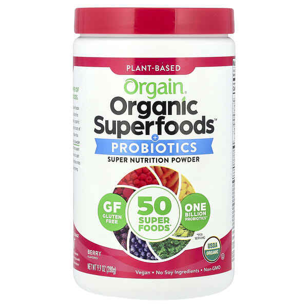 Orgain, Organic Superfoods™ + Probiotics Super Nutrition Powder, Berry, 9.9 oz (280 g) 2 Orgain, Organic Superfoods™ + Probiotics Super Nutrition Powder, Berry, 9.9 oz (280 g)