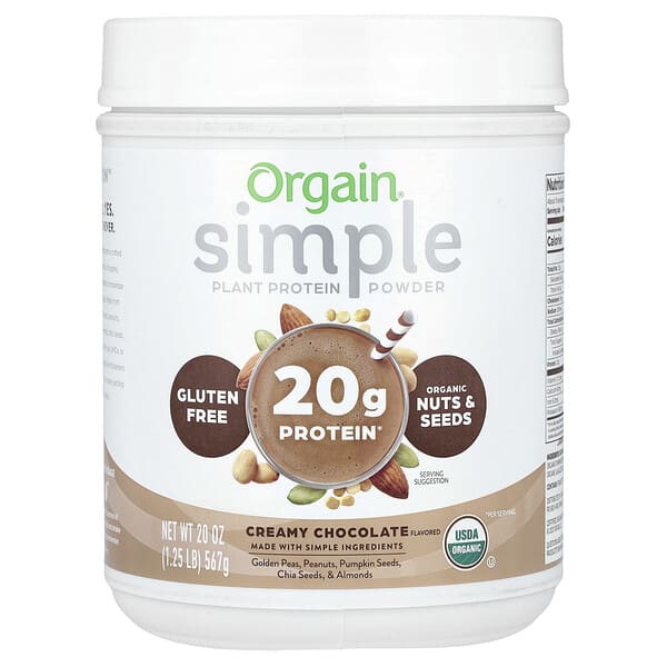 Orgain, Simple, Plant Protein Powder, Creamy Chocolate, 1.25 lb (567 g)