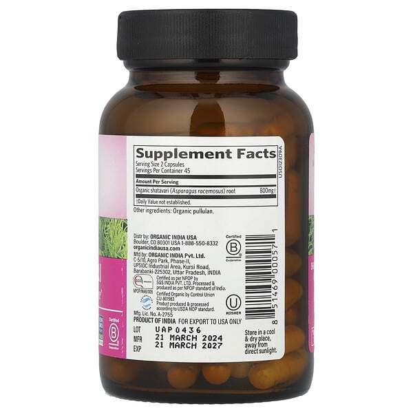 Alternative view of Organic India, Shatavari, 90 Vegetarian Caps (400 mg per Capsule)