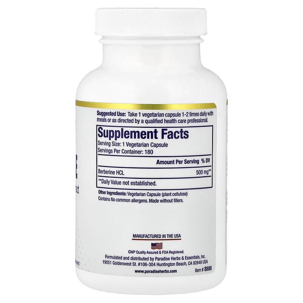 Alternative view of Paradise Herbs, Berberine, 500 mg, 180 Vegetarian Capsules