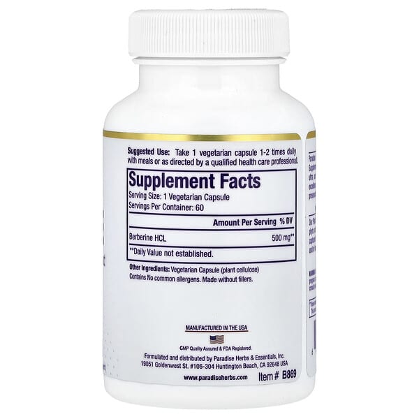 Alternative view of Paradise Herbs, Berberine , 500 mg, 60 Vegetarian Capsules