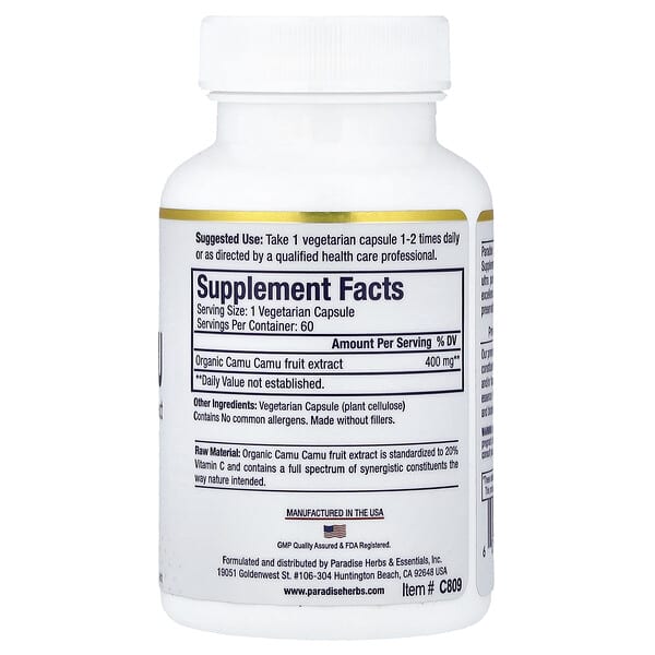 Alternative view of Paradise Herbs, Camu Camu Extract, 400 mg, 60 Vegetarian Capsules