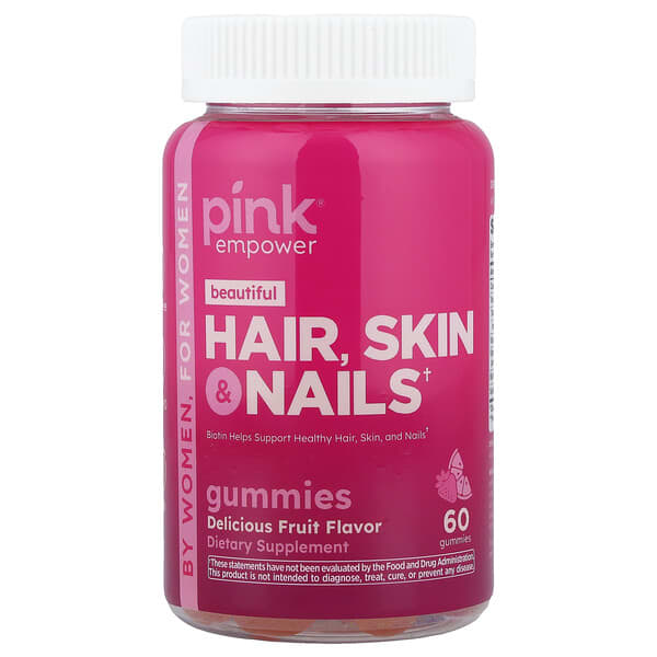 Pink, Beautiful, Hair, Skin & Nails Gummies, Delicious Fruit, 60 Gummies