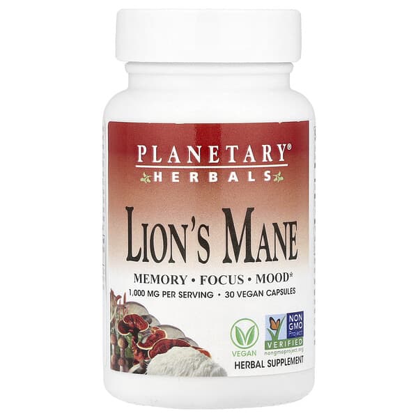 Planetary Herbals, Lion's Mane, 30 Vegan Capsules (500 mg per Capsule)