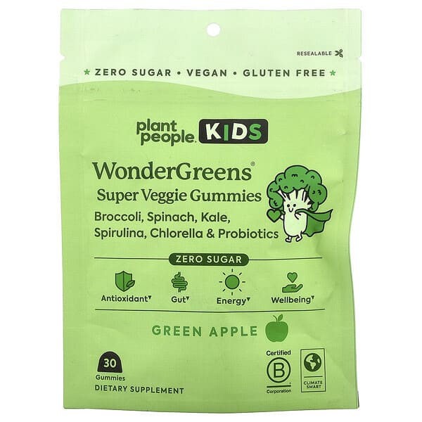 Plant People, Kids, WonderGreens® Super Veggie Gummies, Green Apple , 30 Gummies