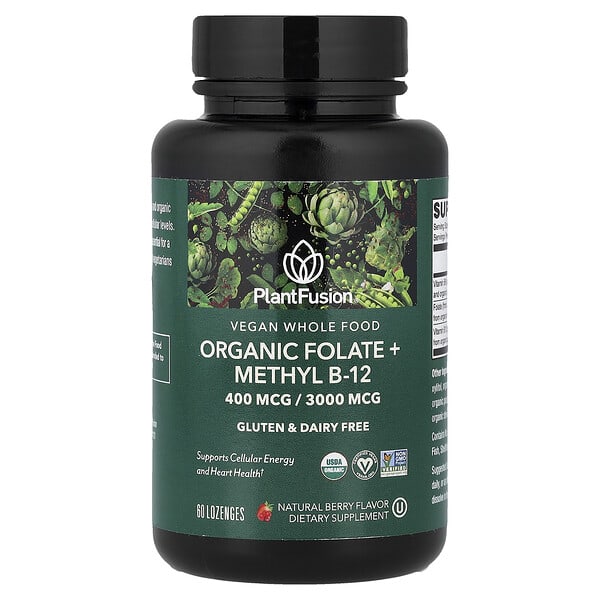 PlantFusion, Vegan Whole Food, Organic Folate + Methyl B12, Natural Berry, 60 Lozenges