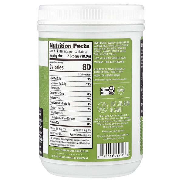 Alternative view of Primal Kitchen, Collagen Keto Latte, Matcha, 9.33 oz (264.6 g)