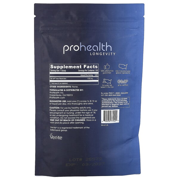 Alternative view of ProHealth Longevity, Trans-Resveratrol Pure Powder, 3.5 oz (100 g)