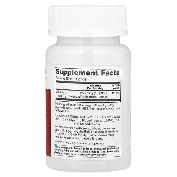 Alternative view of Protocol for Life Balance, Vitamin D3, High Potency, 250 mcg (10,000 IU), 120 Softgels