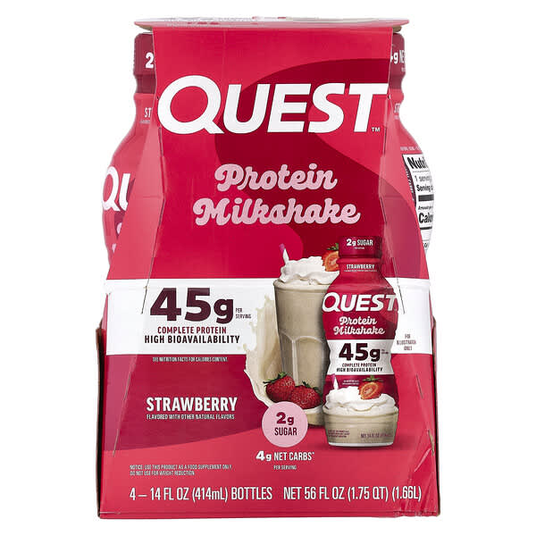 Quest Nutrition, Protein Milk Shake, Strawberry, 4 Bottles, 14 fl oz (414 ml) Each 3 Quest Nutrition, Protein Milk Shake, Strawberry, 4 Bottles, 14 fl oz (414 ml) Each