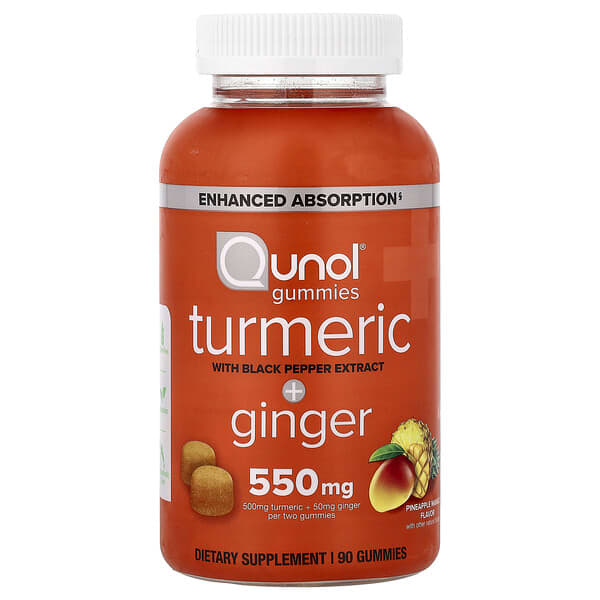 Qunol, Turmeric + Ginger Gummies With Black Pepper Extract, Pineapple Mango, 90 Gummies
