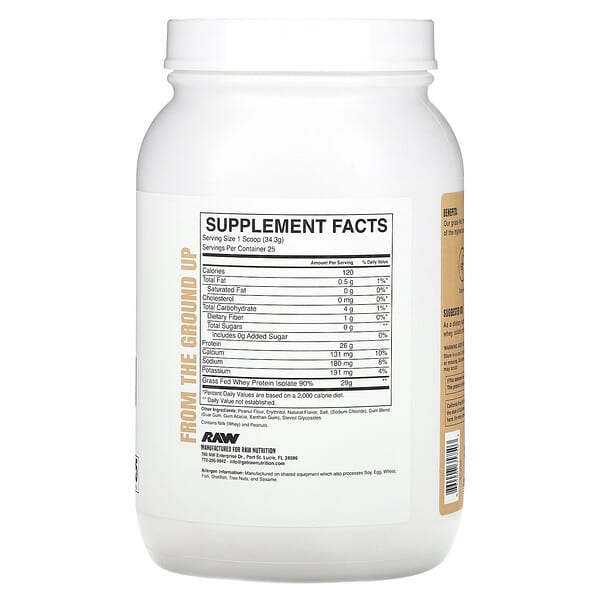 Alternative view of Raw Nutrition, Grass Fed Whey Isolate Protein, Peanut Butter, 1.89 lb (857.5 g)