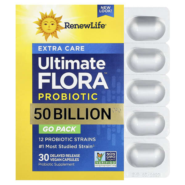 Renew Life, Extra Care Go-Pack, Ultimate Flora™ Probiotic, 50 Billion CFU, 30 Delayed Release Vegan Capsules