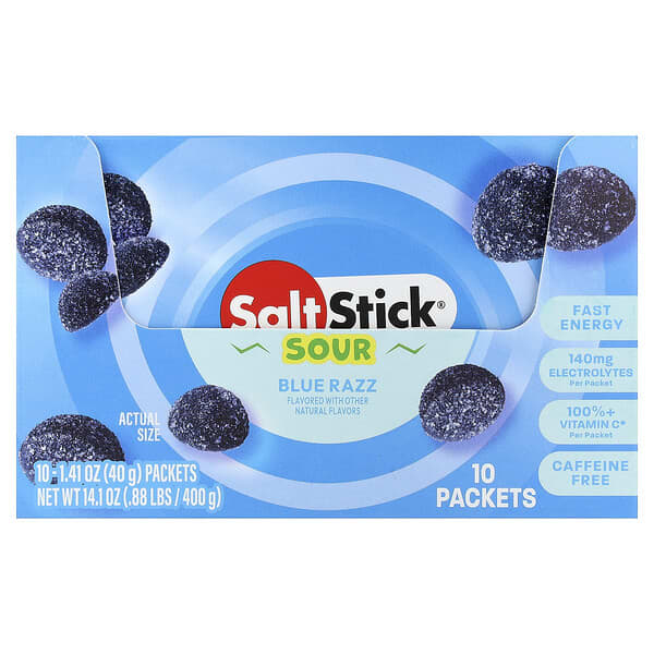 SaltStick, Energy Gummies, Sour Blue Razz, 10 Packets, 1.41 oz (40 g) Each
