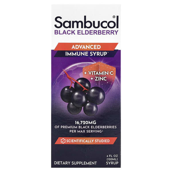 Sambucol, Black Elderberry Syrup, Advanced Immune, Vitamin C + Zinc, 4 fl oz (120 ml)
