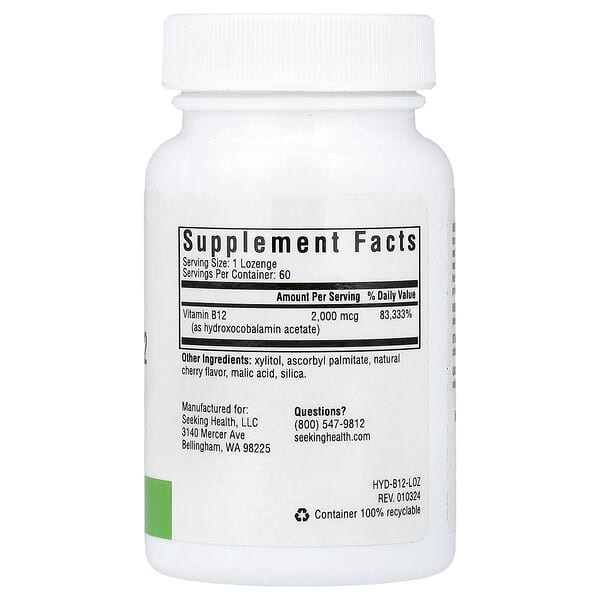 Alternative view of Seeking Health, Hydroxo B12, 2,000 mcg, 60 Lozenges