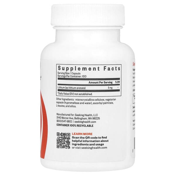 Alternative view of Seeking Health, Lithium Orotate, 5 mg, 100 Vegetarian Capsules