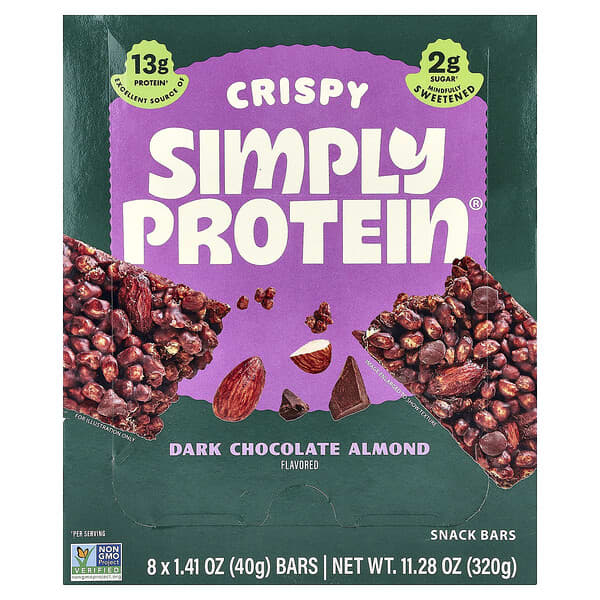 Simply Protein, Crispy Snack Bars, Dark Chocolate Almond, 8 Bars, 1.41 oz (40 g) Each