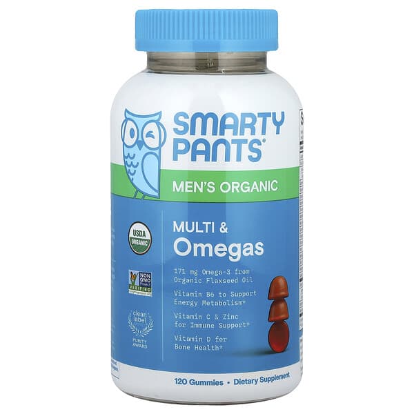 SmartyPants, Men's Organic, Multi & Omegas Gummies, Raspberry, Lemon Lime, & Grape , 120 Gummies