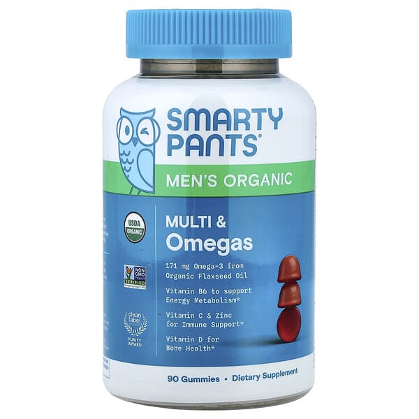 SmartyPants, Men’s Organic Multi & Omegas Gummies, Raspberry, Orange, and Cherry, 90 Gummies