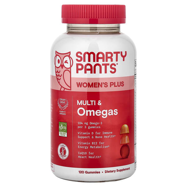 SmartyPants, Women's Plus, Multi & Omegas Gummies, Strawberry, Orange, and Lemon Creme, 120 Gummies