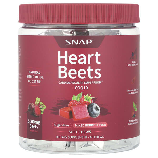 Snap Supplements, Heart Beets + CoQ10, Mixed Berry, 60 Soft Chews