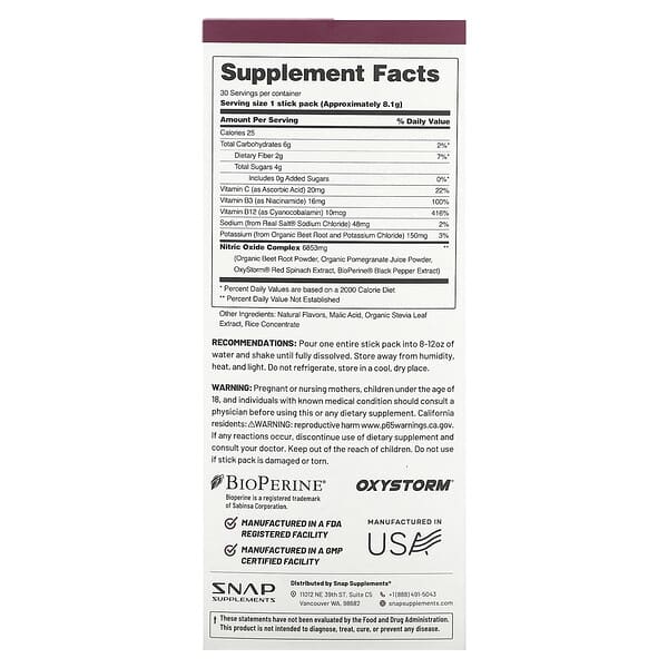 Alternative view of Snap Supplements, Nitric Oxide, Organic Beets, Original Berry, 10 Stick Packs, 0.29 oz (8.2 g) Each
