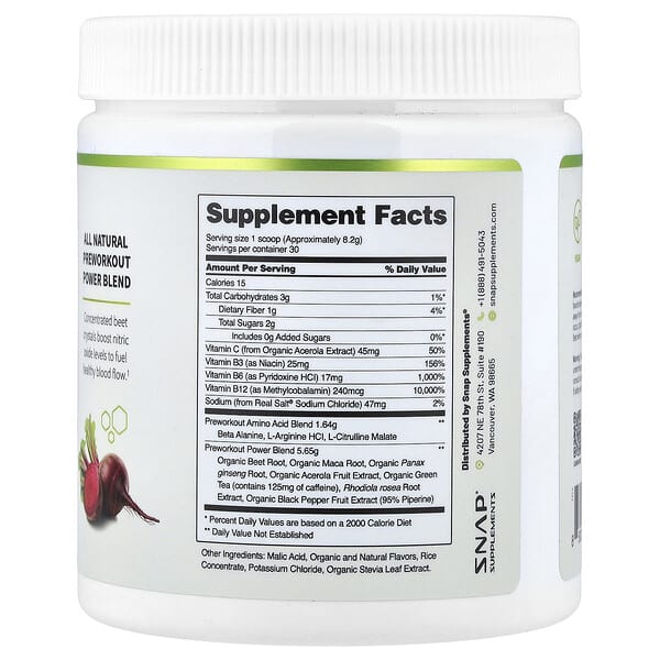 Alternative view of Snap Supplements, Pre Workout, Mixed Berry, 8.8 oz (250 g)
