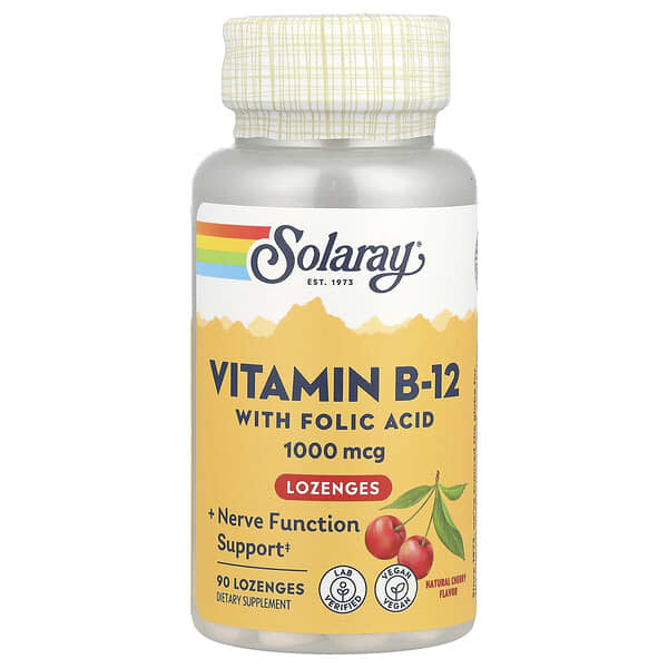 Solaray, Vitamin B-12 with Folic Acid Lozenges, Natural Cherry, 1,000 mg, 90 Lozenges