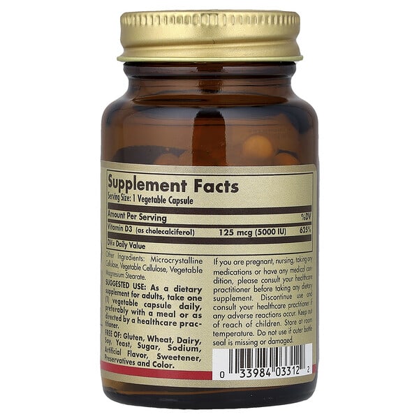 Alternative view of Solgar, Vitamin D3, 125 mcg (5,000 IU), 60 Vegetable Capsules