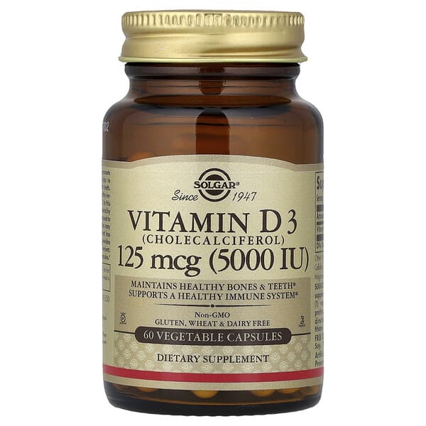Solgar, Vitamin D3, 125 mcg (5,000 IU), 60 Vegetable Capsules