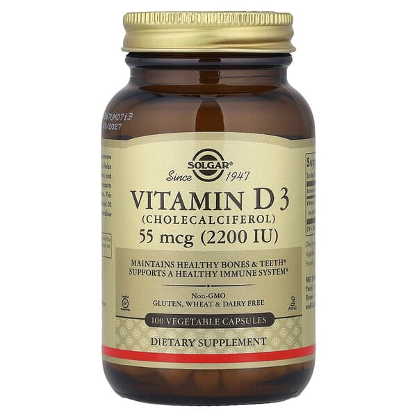 Solgar, Vitamin D3 , 55 mcg (2,200 IU), 100 Vegetable Capsules