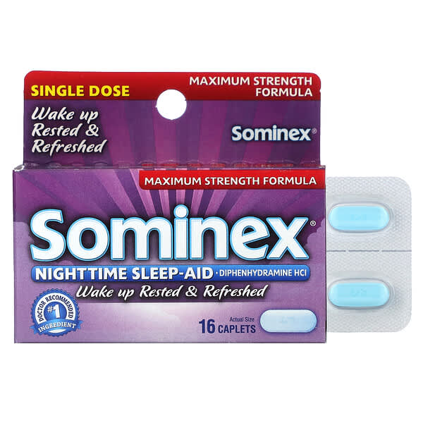 Sominex, Nighttime Sleep-Aid, Maximum Strength Formula, 50 mg, 16 Caplets