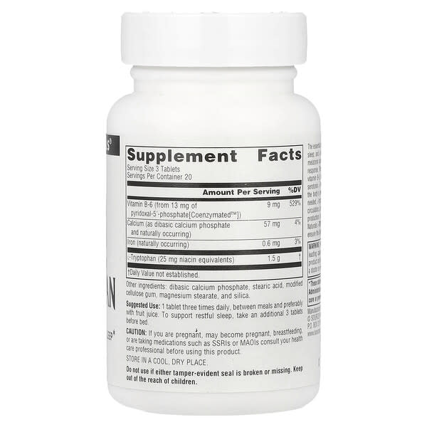 Alternative view of Source Naturals, L-Tryptophan with Coenzyme B-6, 60 Tablets