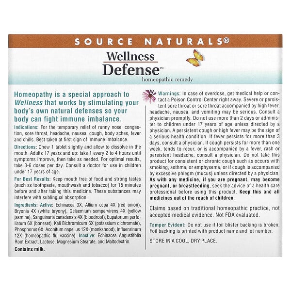 Alternative view of Source Naturals, Wellness Defense, 48 Homeopathic Tablets