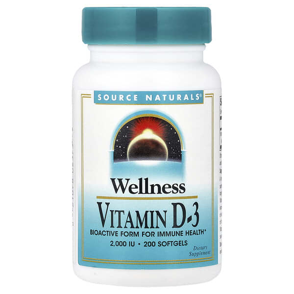 Source Naturals, Wellness, Vitamin D-3, 50 mcg (2,000 IU), 200 Softgels