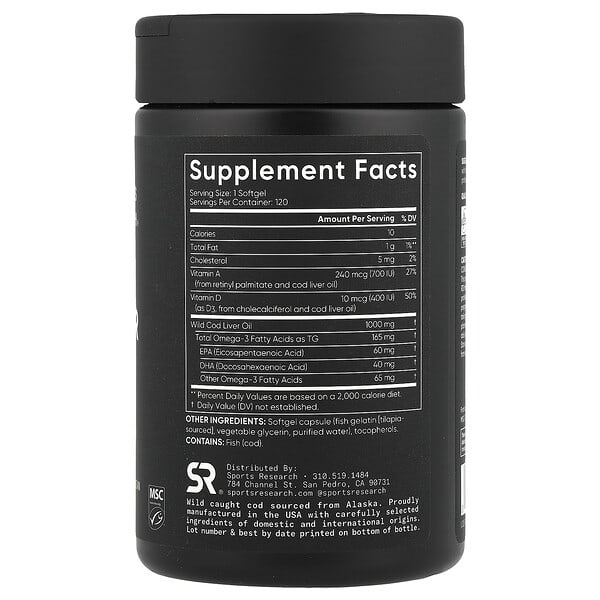 Alternative view of Sports Research, Alaskan Cod Liver Oil, 120 Softgels