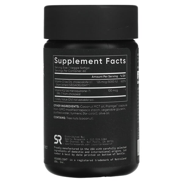 Alternative view of Sports Research, D3 + K2, Plant Based, 125 mcg/100 mcg, 60 Veggie Softgels