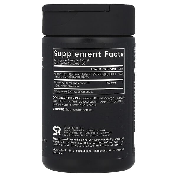 Alternative view of Sports Research, D3 + K2, Plant-Based, 250 mcg/100 mcg, 60 Veggie Softgels