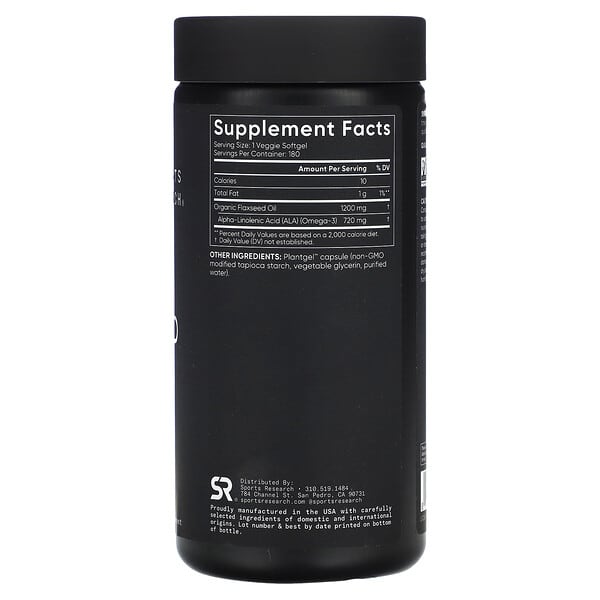 Alternative view of Sports Research, Flaxseed Oil, 1,200 mg, 180 Veggie Softgels