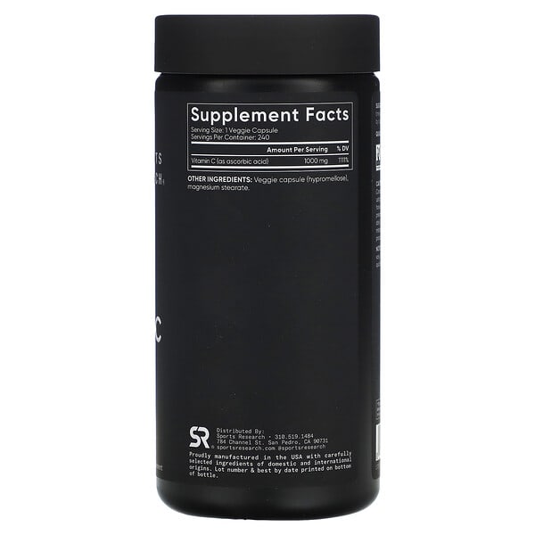 Alternative view of Sports Research, High Potency Vitamin C, 1,000 mg, 240 Veggie Capsules